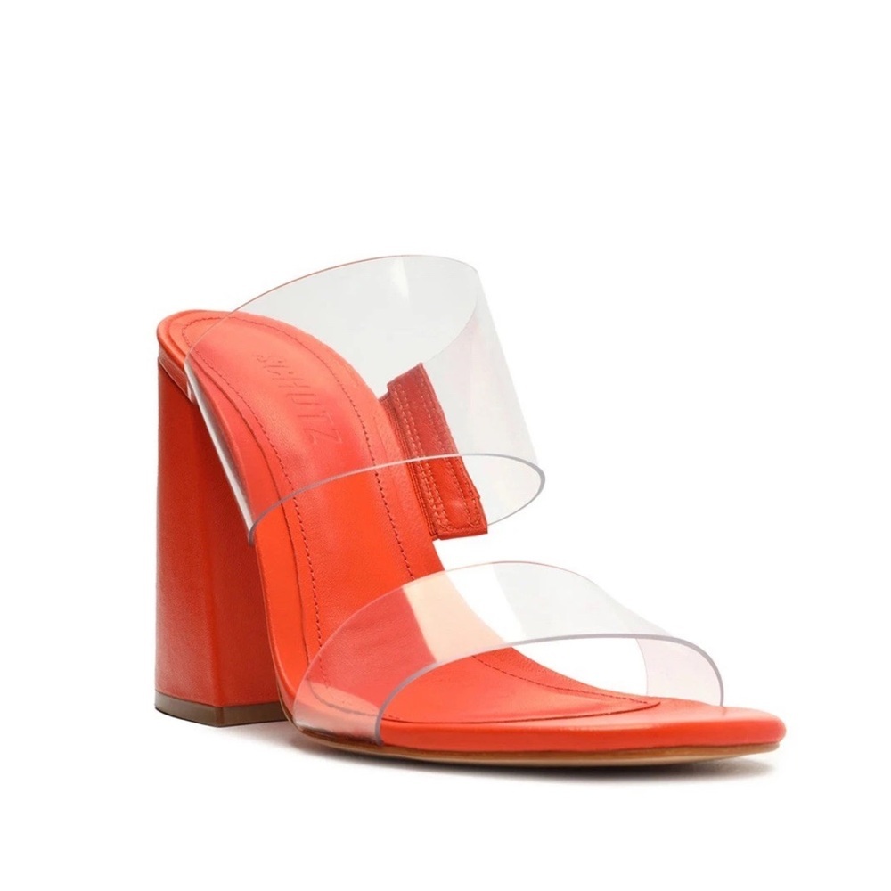 SCHUTZ Orange Victorie High Block Heel Clear Straps Slip‎ On Sandal Size 8